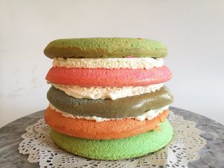 19、彩虹蛋糕,19.全部堆积起来，表面抹面，最后最上面放上芒果或者其他水果都可以