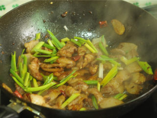 11、酱烧回锅肉,最后放入青蒜，迅速翻拌均匀即可