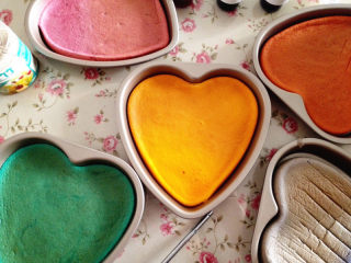 14、彩虹蛋糕,出炉先震几下，再马上倒扣，晾凉，脱模，