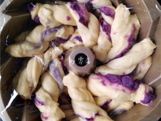 12、蜂蜜紫薯面包,底下9条麻花面团，上层也放9条麻花面团；覆盖上保鲜膜；