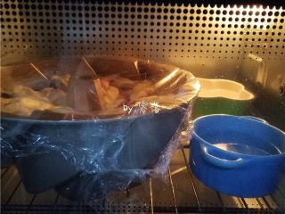 13、蜂蜜紫薯面包,将模具放入烤箱下层，放入两盆开水，启动“发酵”程序；