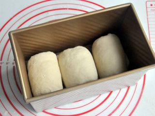8、口袋三明治,再次擀开成长条状，面团卷起，收口朝下放置，将面团放入吐司模。