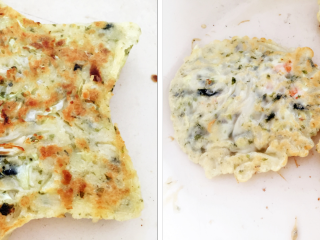 10、宝宝版日式大阪烧,翻面后再煎两三分钟,之后可反复翻面直至煎至有点金黄。