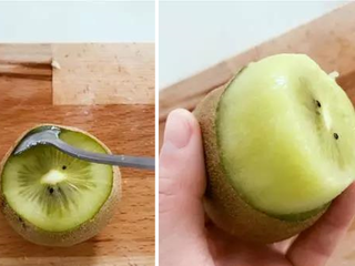 1、宝宝辅食：水果小圆子-36M ,将猕猴桃两端切除，小勺子插进去转一圈，果肉脱落，切小丁备用。