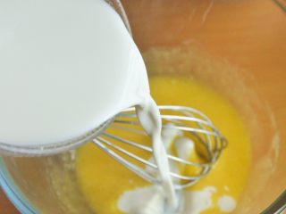 4、原味松饼(无泡打粉版),倒入牛奶。