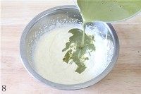 8、抹茶冰激凌,晾凉的抹茶蛋奶液糊倒入淡奶油里。