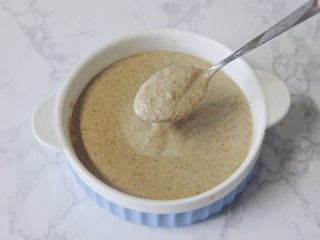 6、【燕麦香蕉Pancake】(素食低脂版),榨汁机中加入所有食材后，最后倒入香蕉泥。搅打好的面糊干稀合适，也打得很细腻。盛到一个大碗中备用。