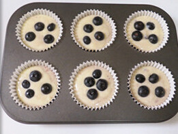 11、蓝莓乳酪蛋糕,倒入模具中，约8分满，每个纸托中放上4颗蓝莓