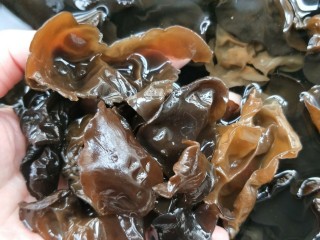 2、营养黄花菜木耳炒肉,温水泡软，摘去根部，洗净。