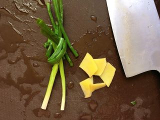 2、酸辣柠檬鸡爪,准备一小把葱打个葱结，生姜切成片