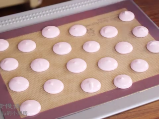 9、玫瑰马卡龙,将面糊挤在圆圈里头，挤好后，把烤盘摔两次，震出气泡，如有气泡孔，就用牙签抹平