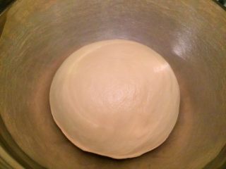 4、牛角汉堡,面团搓成圆形，放入盆内，盖上保鲜膜一发