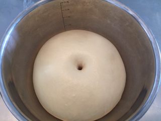 5、肉松面包(波兰种),手沾面粉,插入面团,不回缩不塌陷即发酵好了(冬天大概50分钟,夏天40分钟)