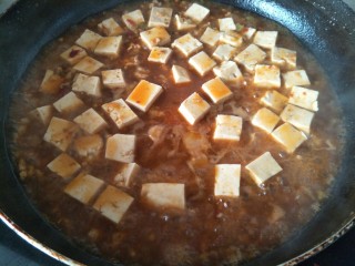 15、麻婆豆腐,等锅中的汤汁剩少许的时候，倒入淀粉勾芡收汁即可。