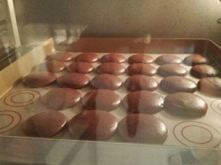 10、法式法芙娜可可马卡龙,先80度（圆猪猪大师的食谱用的50度）烤到外皮坚硬不粘手，烤箱不需要预热。。