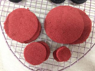 18、迷你红丝绒裸蛋糕,将蛋糕片分割成4种尺寸，每种尺寸2小片