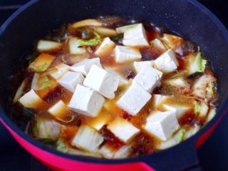 13、白菜豆腐粉条,大火烧开后炖5分钟左右，加入焯水后的豆腐。
