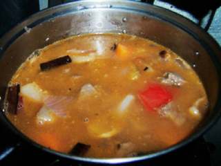 3、牛肉炖柿子,倒入牛肉块，煸炒，直至牛肉变色加入黑胡椒碎、盐，倒入两杯热水，转小火 盖盖慢炖，有时间可以慢慢炖，也可以转到高压锅或者电炖锅里炖，直至牛肉八成熟即可。