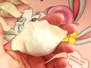 19、玉米猪肉饺,取一个饺子皮，加入1勺玉米猪肉馅料，边缘捏紧，一个饺子就包好了