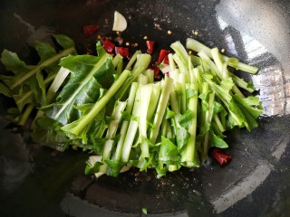 10、苔菜炒肉丝,下入苔菜茎。