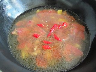 7、开胃火辣牛肉粉丝大锅炖,倒入三碗煮牛肉时候的高汤，放入辣椒，煮6分钟左右