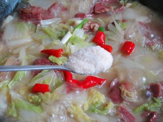 9、开胃火辣牛肉粉丝大锅炖,放入盐、胡椒粉、味精调味，味精也可以不放，牛肉本身味道就很鲜美。