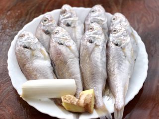 1、五香干炸大头宝鱼,葱姜洗净切碎，大头宝鱼放到盘子里。