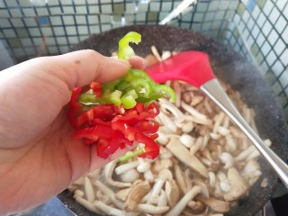 12、双菇鸡丝,最后加入尖椒，加入盐调味即可