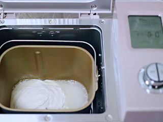 8、猪肉酸菜馄饨,把称重的中筋面粉和清水，倒入东菱面包机里，加入1克盐，启动面包机的和面程序开始和面。