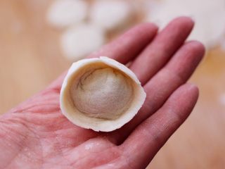 14、猪肉酸菜馄饨,再把两头捏到一起就可以了。