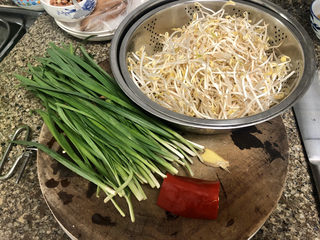 1、韭菜炒豆芽➕万条垂下绿丝绦,食材合照:韭菜一小把,绿豆芽约300g,阿晨妈妈今天买的比较多。姜一小片,红椒半个