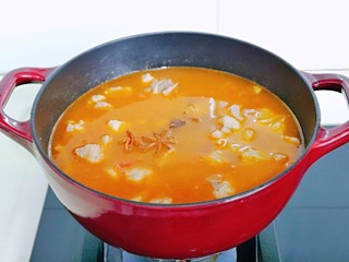 11、牛腩萝卜汤,再加入纯净水，八角，桂皮，十三香，水量可以适当多一些，如果不喜欢喝汤，也可以少加一点水，但是建议不要太少，因为炖的时间比较久，中途不能加水。