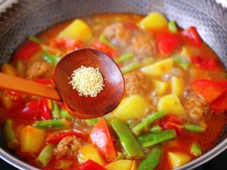 14、自制丸子一锅炖,加入鸡精调味。