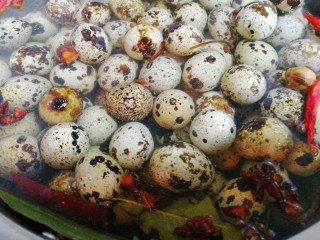 6、麻油滚蛋,将洗干净的鹌鹑蛋放入锅内。中火煮五分钟。