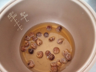 2、酸梨桂圆冰糖水,浸泡后的桂圆干连同浸泡桂圆干的水一并倒入电饭煲内胆