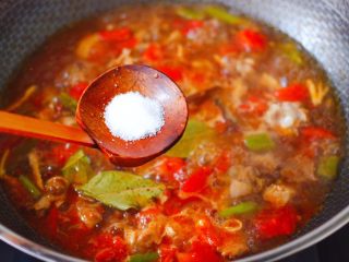 14、番茄啤酒炖鸭,再根据个人口味，加入适量的盐调味。