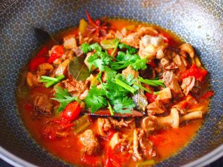 17、番茄啤酒炖鸭,看见锅中汤汁浓稠时，撒上香菜段即可关火。