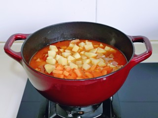 13、牛腩萝卜汤,40分钟后,牛腩的口感正好适合我,这时加入土豆块,胡萝卜块,按个人口味加入盐,再炖15分钟,土豆炖熟即可。