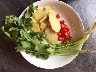 3、鲫鱼豆腐汤,生姜洗净切片，小红椒洗净切小，香菜洗净待用