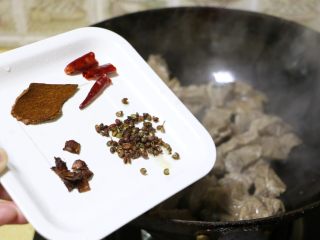 9、胡萝卜土豆炖牛肉,放入桂皮、干辣椒、八角和花椒等香料，炒匀