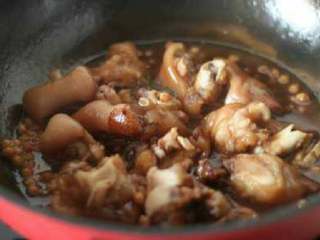 4、黄豆焖猪蹄,加入适量的水，大火煮开后转小火炖煮至猪蹄酥烂。