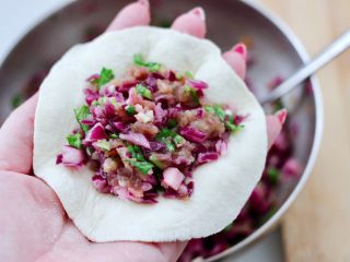 15、紫甘蓝鸡肉馅饼,面皮上放入适量的馅料。