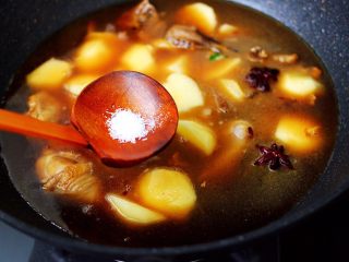 11、土鸡土豆粉条一锅炖,根据个人口味，加入适量的盐调味。