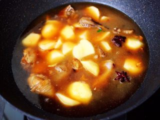 10、土鸡土豆粉条一锅炖,锅中倒入适量的清水。