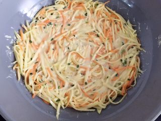 13、香煎土豆丝饼,准备平底锅，上火加热，倒入少许玉米油涮锅。然后放入土豆丝馅料，用锅铲平摊成圆饼，小火慢煎。