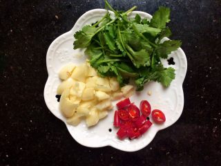 6、＃绿色美食＃开胃菜凉拌黄瓜,切好香菜，辣椒，蒜末备用。