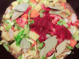 10、罗宋汤,加入番茄沙司、香叶，继续翻炒均匀。