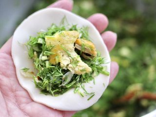 12、茴香海虹鸡蛋饺子,饺子皮上放入适量的馅料。