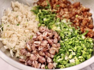 8、肉丁金针菇鱿鱼饺子,加入切碎的金针菇和韭菜，鱿鱼和葱姜，香菜。