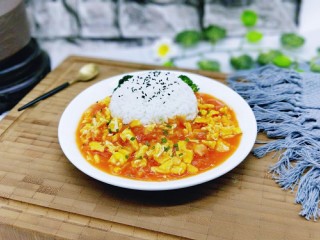 16、番茄炒蛋盖浇饭,米饭上撒上少许熟黑芝麻，番茄炒蛋上撒少许葱花点缀。